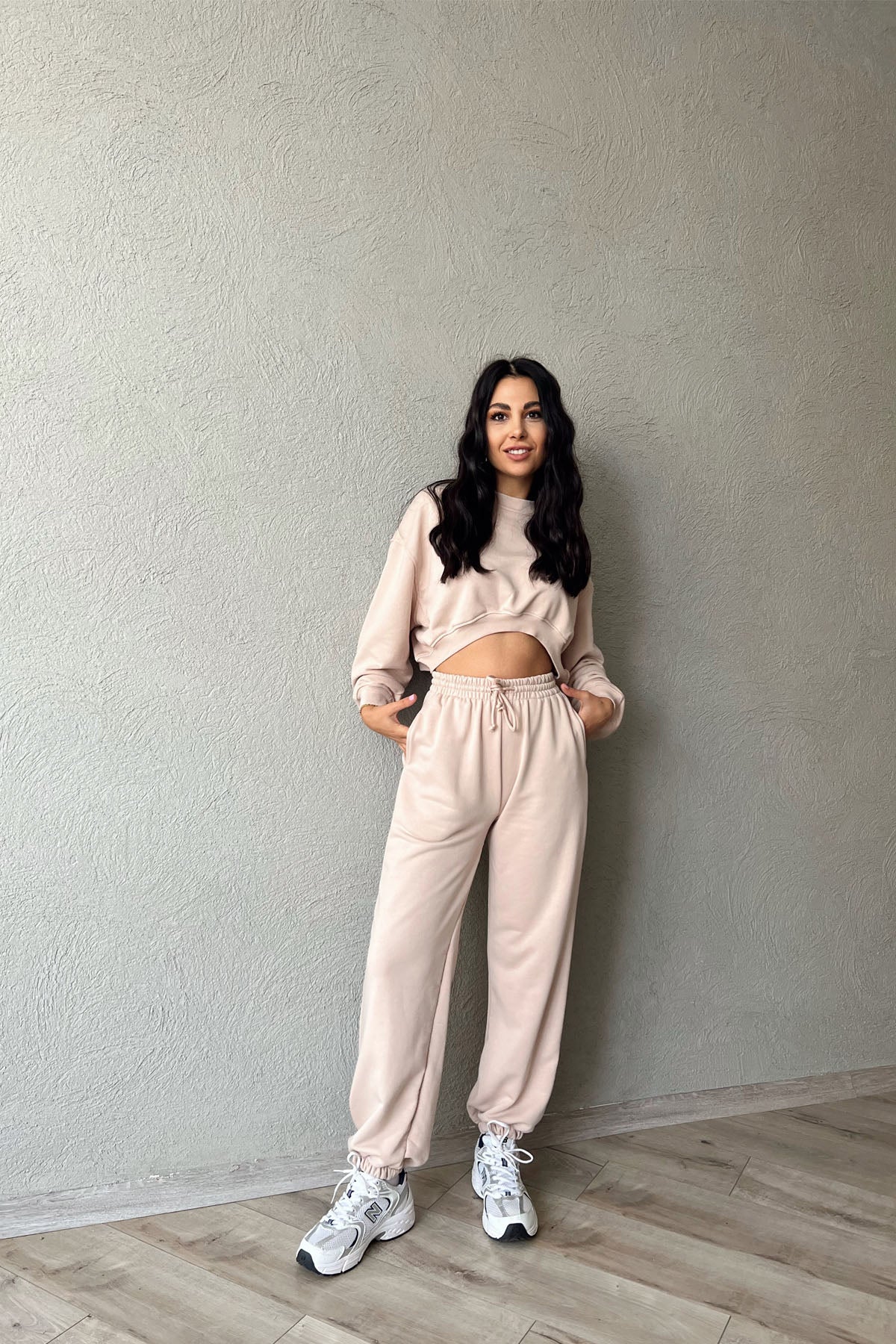 Bej Uzun Kollu Crop Eşofman Takımı SY-1154-Bej