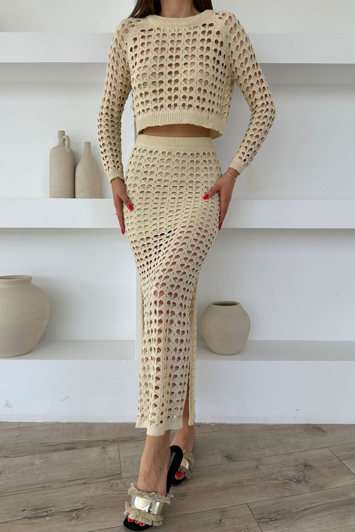 Krem Delikli Triko Bluz ve Etek Takım SY-0482-Krem