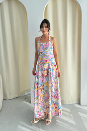 Çok Renkli Çiçek Desenli Midi Boy Keten Elbise SY-3267-Renkli