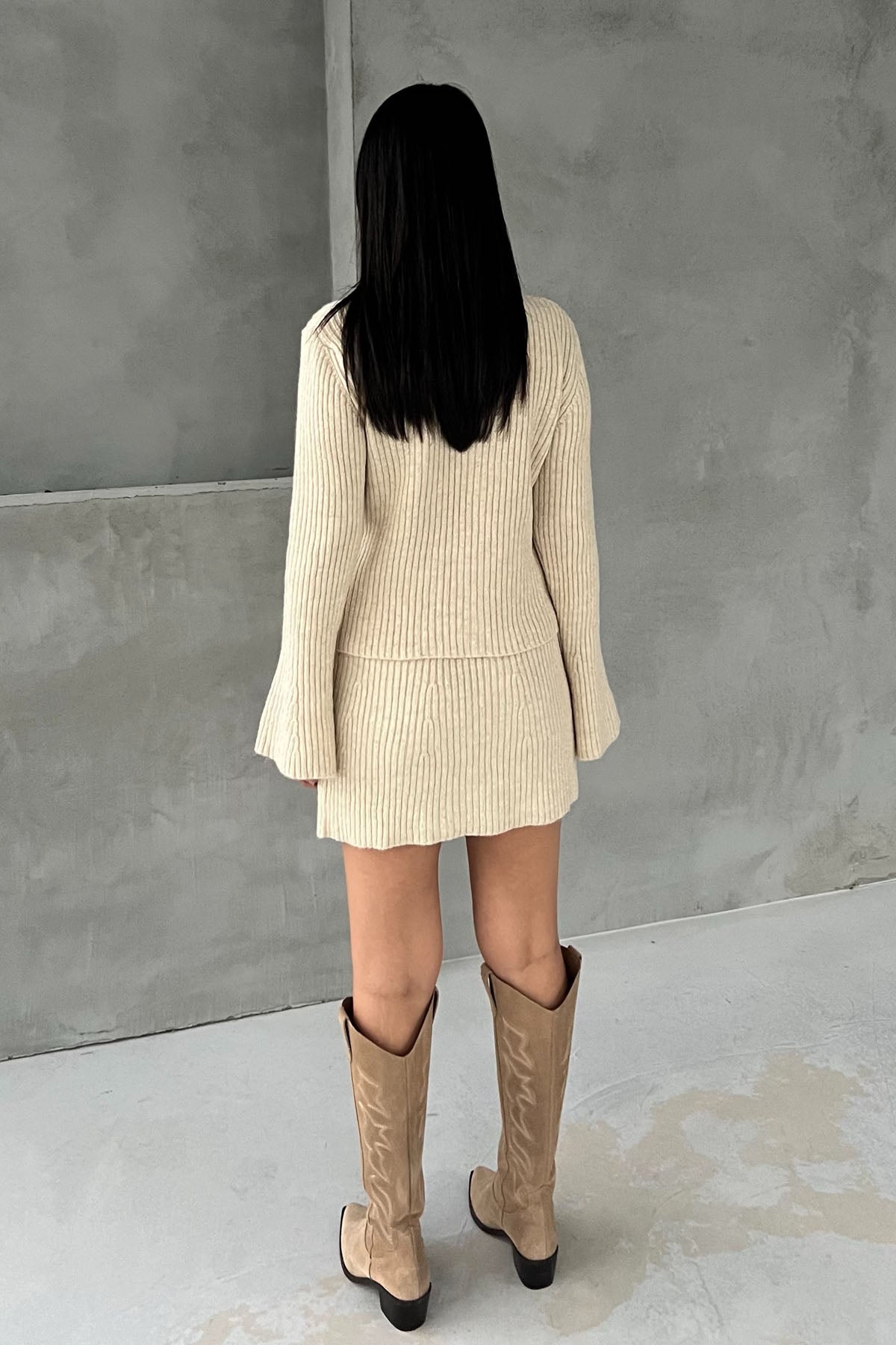 Krem İspanyol Kol Hırka ve Etek Triko Takım SY-2785-Krem