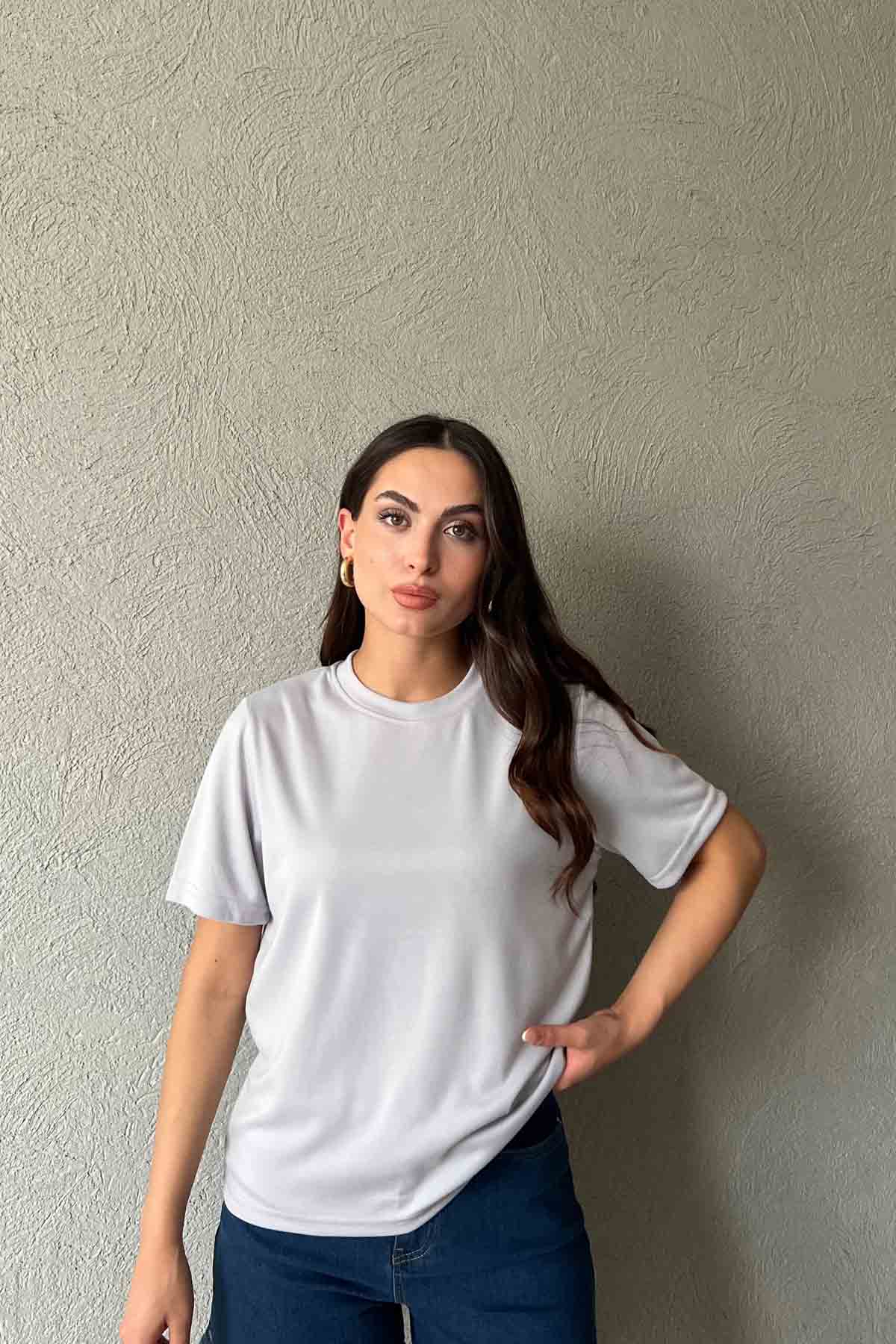 Gri Bisiklet Yaka Basic T-shirt SY-1962-Gri