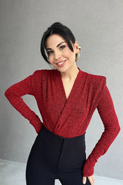 Kırmızı Simli Kruvaze Yaka Vatkalı Çıtçıtlı Body SY-1396-Kırmızı