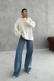 Beyaz Bisiklet Yaka Oversize Pinterest Triko Kazak SY-3343-Beyaz