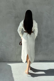 Ekru V Yaka Örgü Triko Elbise SY-2833-Ekru