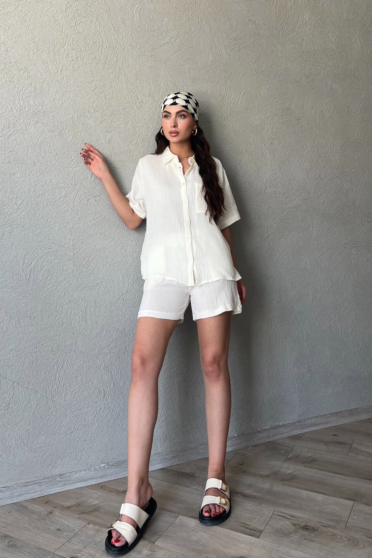 Ekru Kısa Kol Gömlek Şort Müslin Takım SY-2118-Ekru