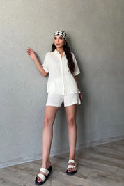 Ekru Kısa Kol Gömlek Şort Müslin Takım SY-2118-Ekru