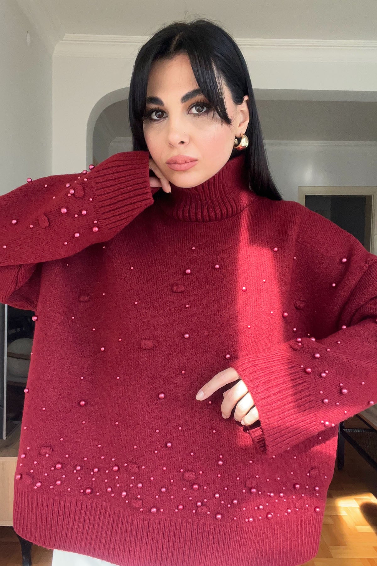 Bordo İnci Detaylı Yarım Balıkçı Triko Kazak SY-2741-Bordo