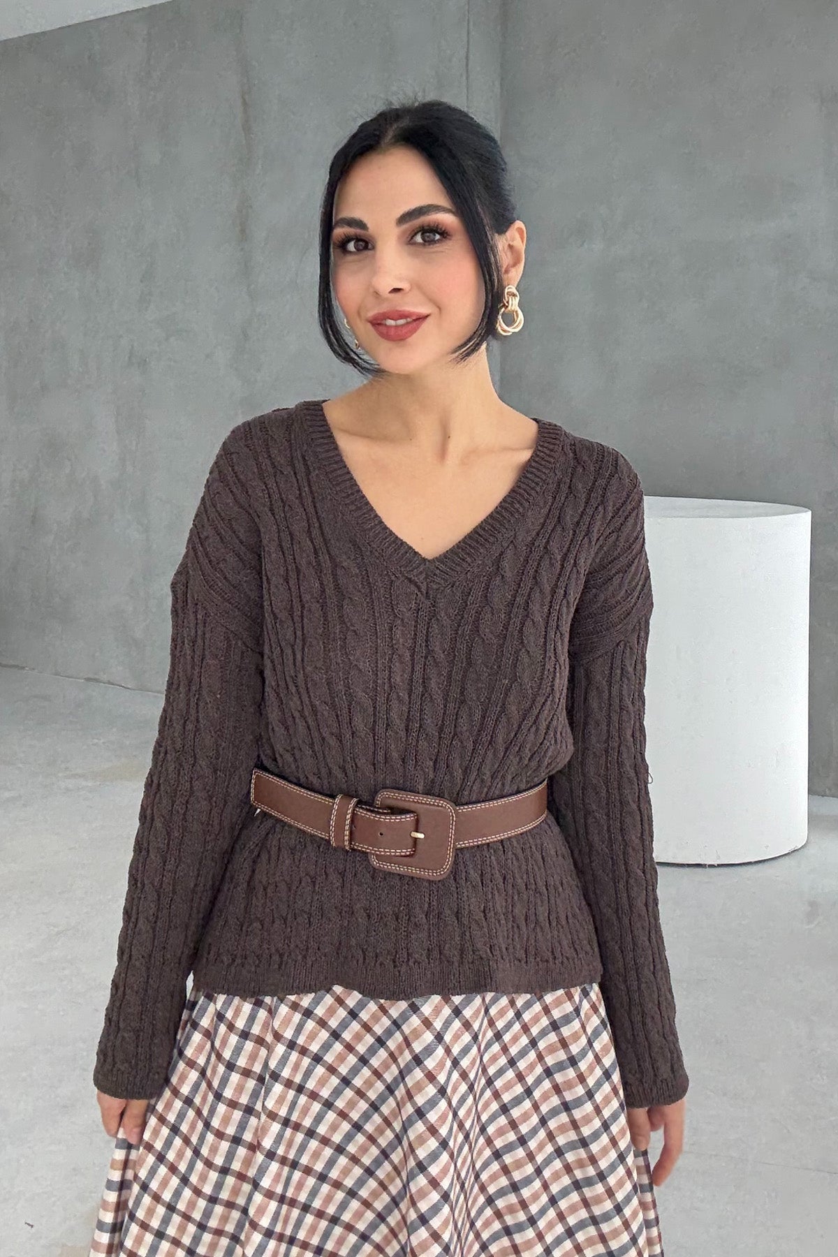 V Yaka Saç Örgü Kahve Triko Kazak SY-3407-Kahve