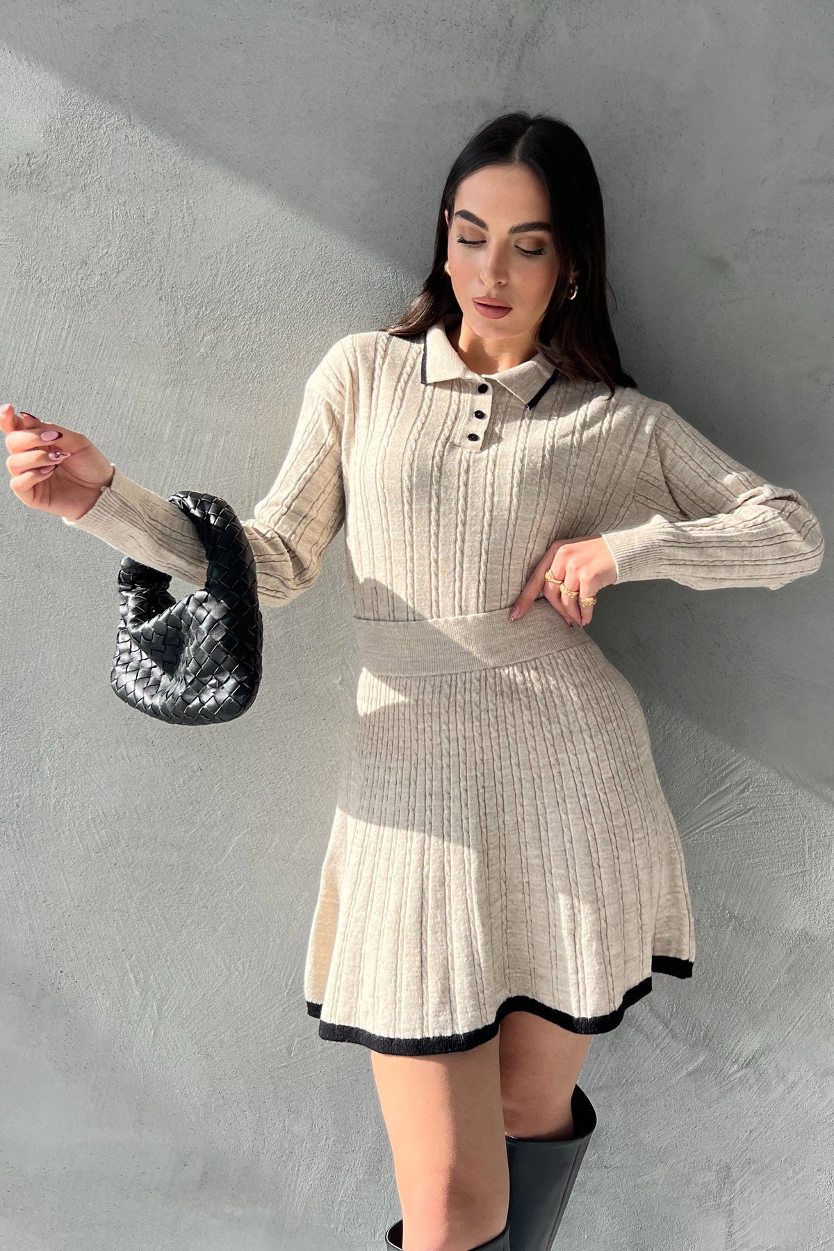 Bej Polo Yaka Triko Kazak Etek Takım SY-2841-Bej