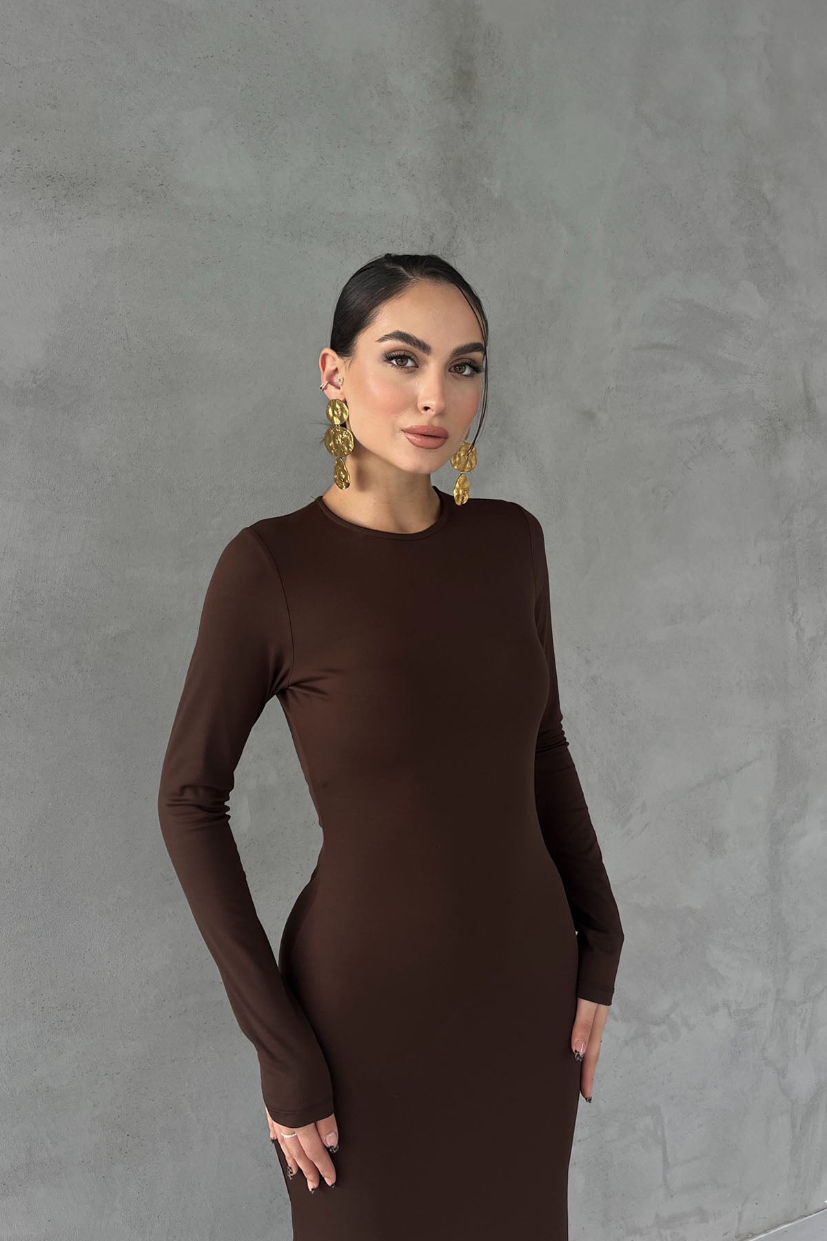 Kahverengi Lyon Uzun Kollu Elbise SY-2757-Kahverengi