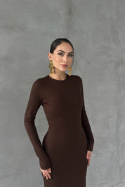 Kahverengi Lyon Uzun Kollu Elbise SY-2757-Kahverengi