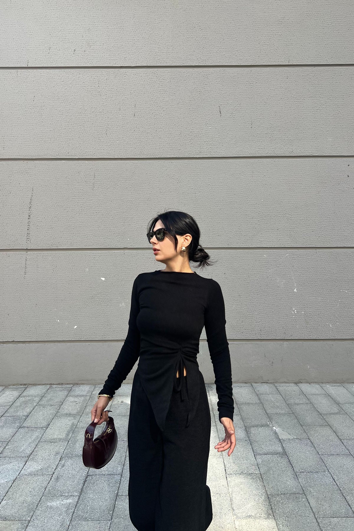 Siyah Uzun Kollu Büzgü Detaylı İkili Triko Takım SY-2455-Siyah