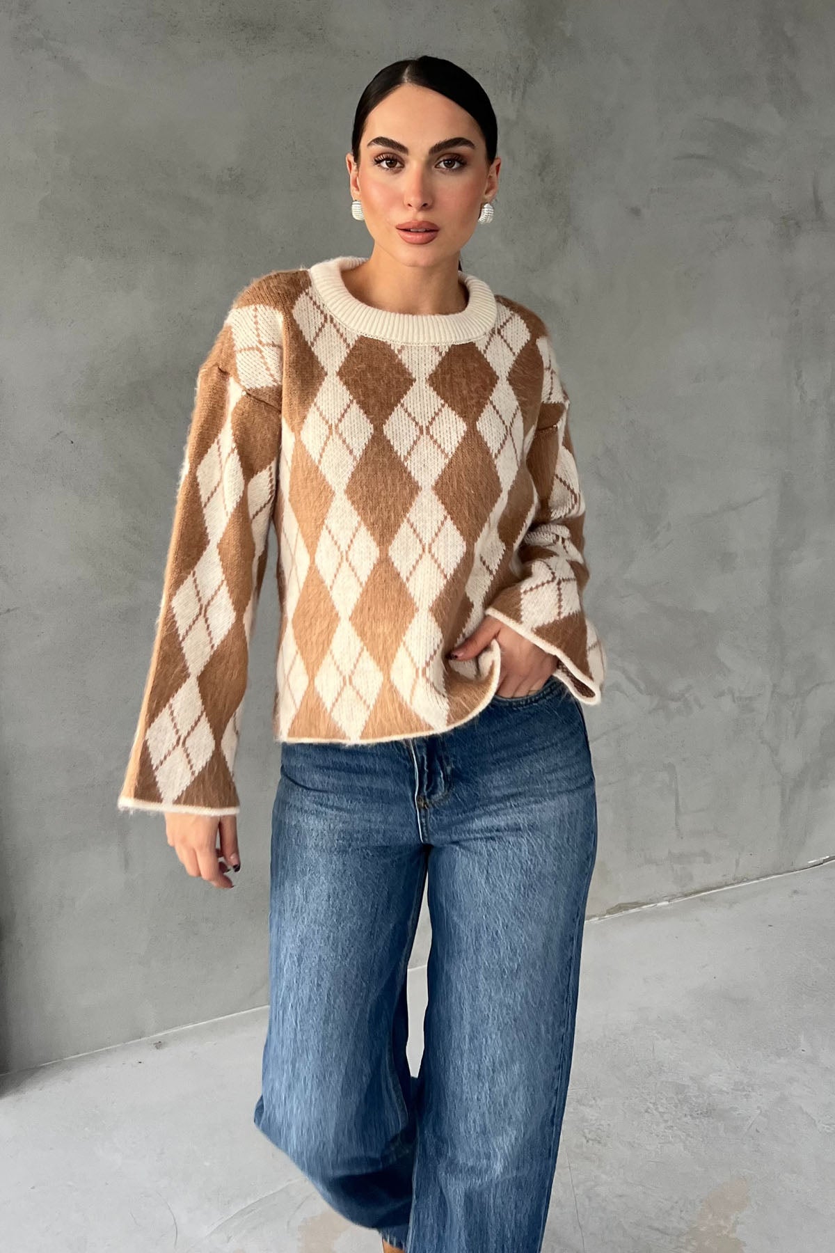 Camel Baklava Desen Kısa Triko Kazak SY-2793-Camel