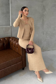 Bej Triko Önü Taş Detaylı Üçlü Takım SY-2433-Taş