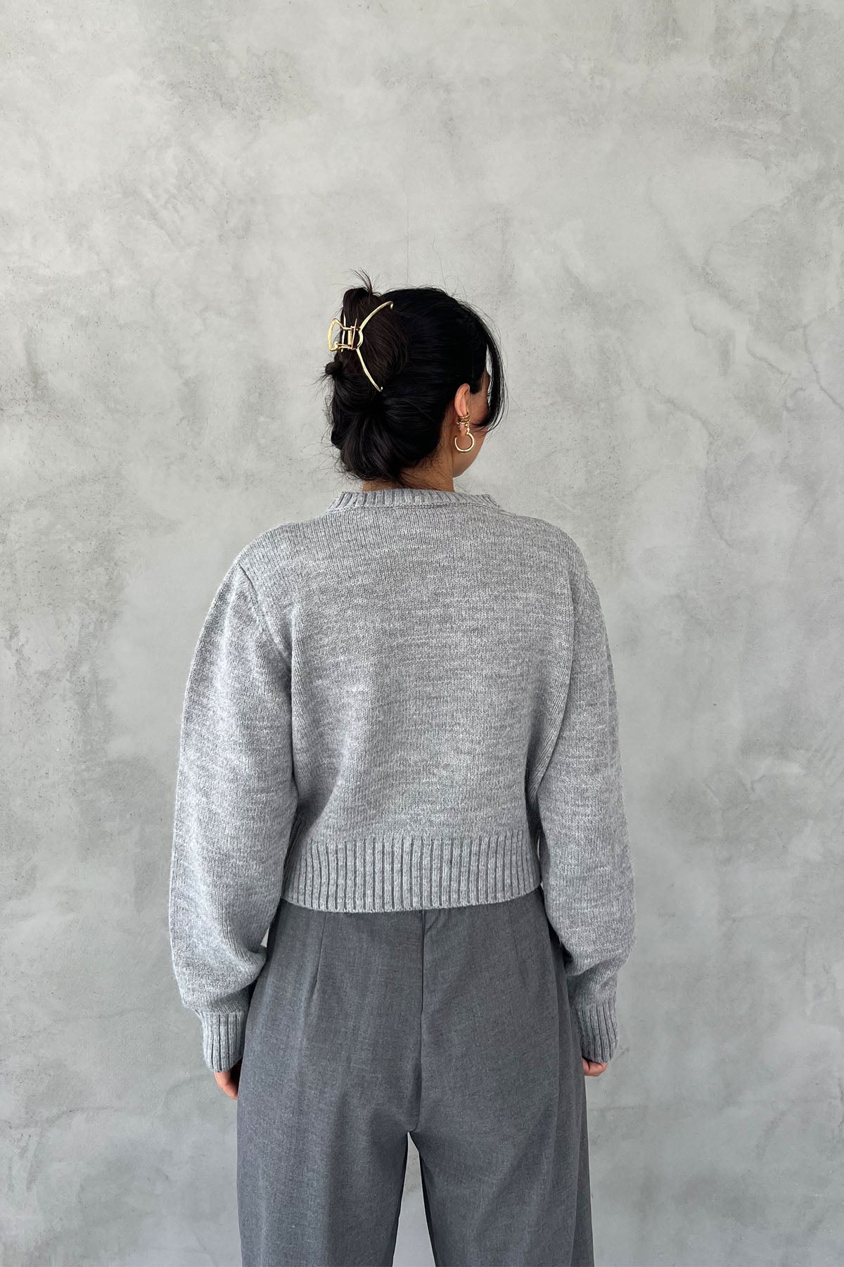 Gri Morris Yazı Baskılı Crop Kazak SY-2464-Gri