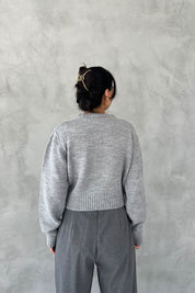 Gri Morris Yazı Baskılı Crop Kazak SY-2464-Gri