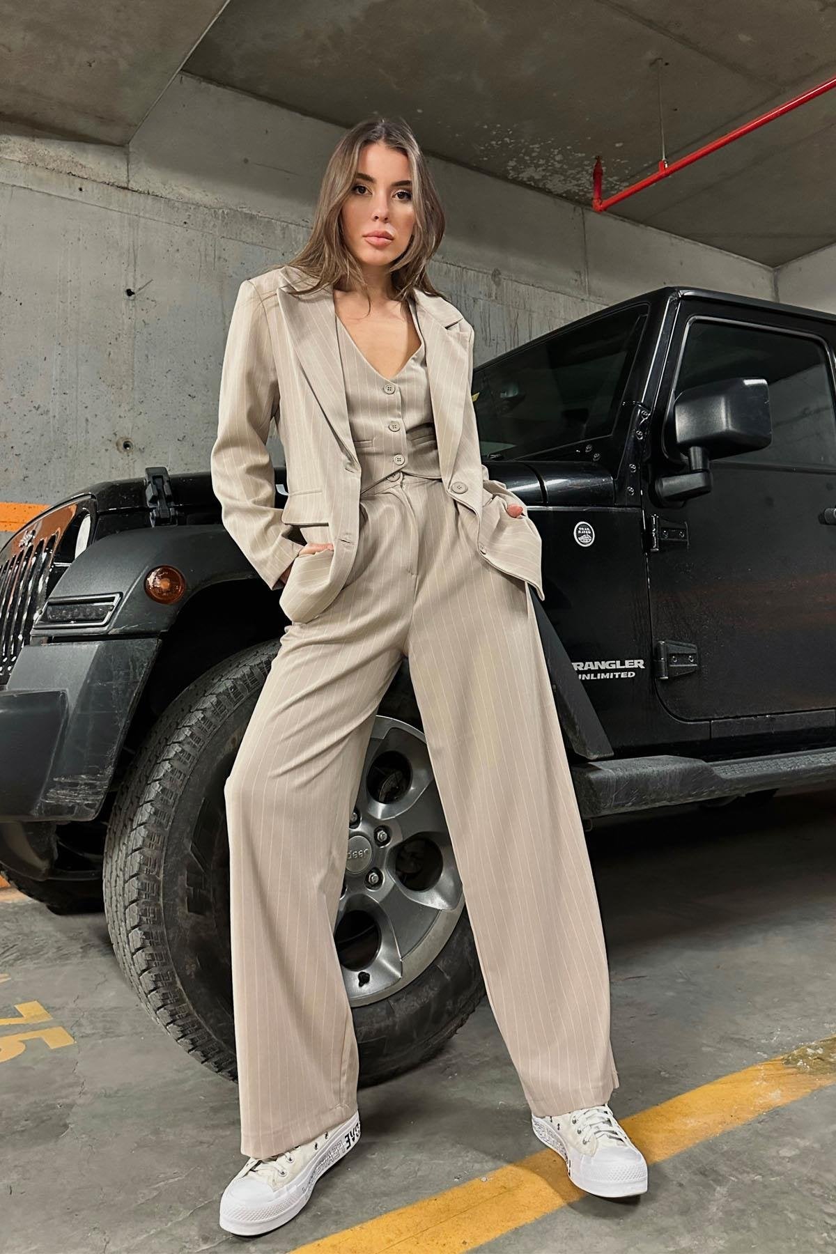 Premium Çizgili Bej Kadın Ceket SY-2877-Bej