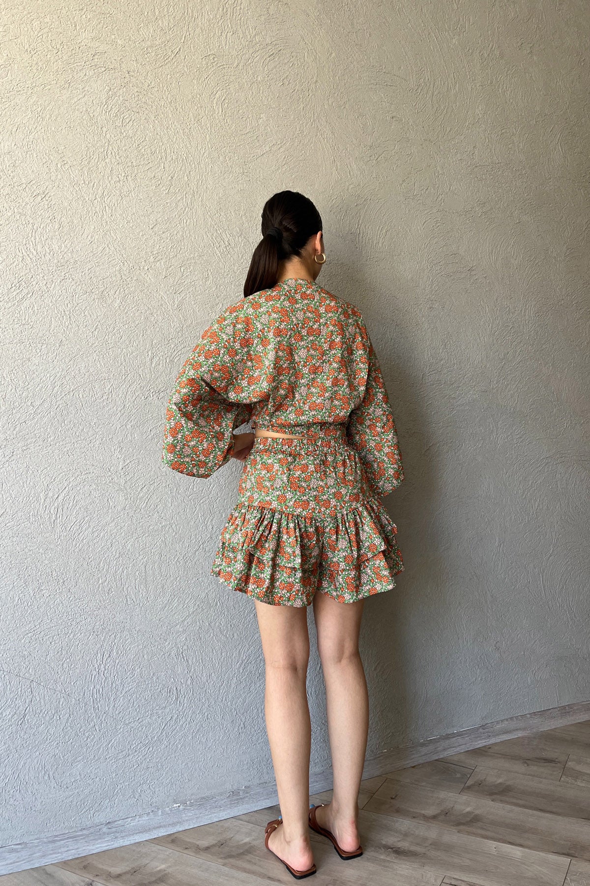 Yeşil Bağlamalı Eteği Fırfırlı Şort Bluz Takım SY-2359-Yeşil