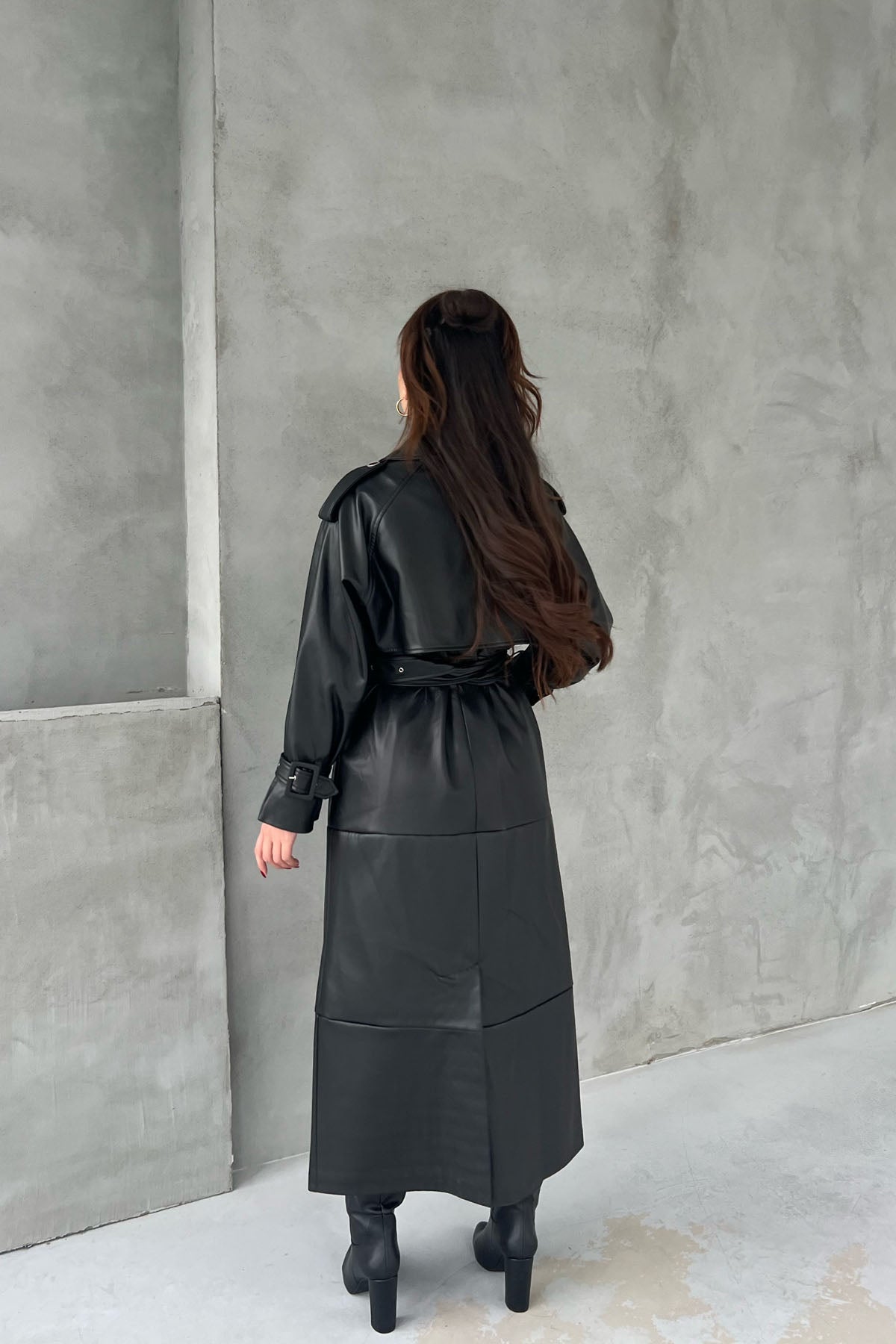 Siyah Kemerli Düğmeli Premium Deri Trençkot SY-2610-Siyah