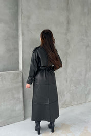 Siyah Kemerli Düğmeli Premium Deri Trençkot SY-2610-Siyah
