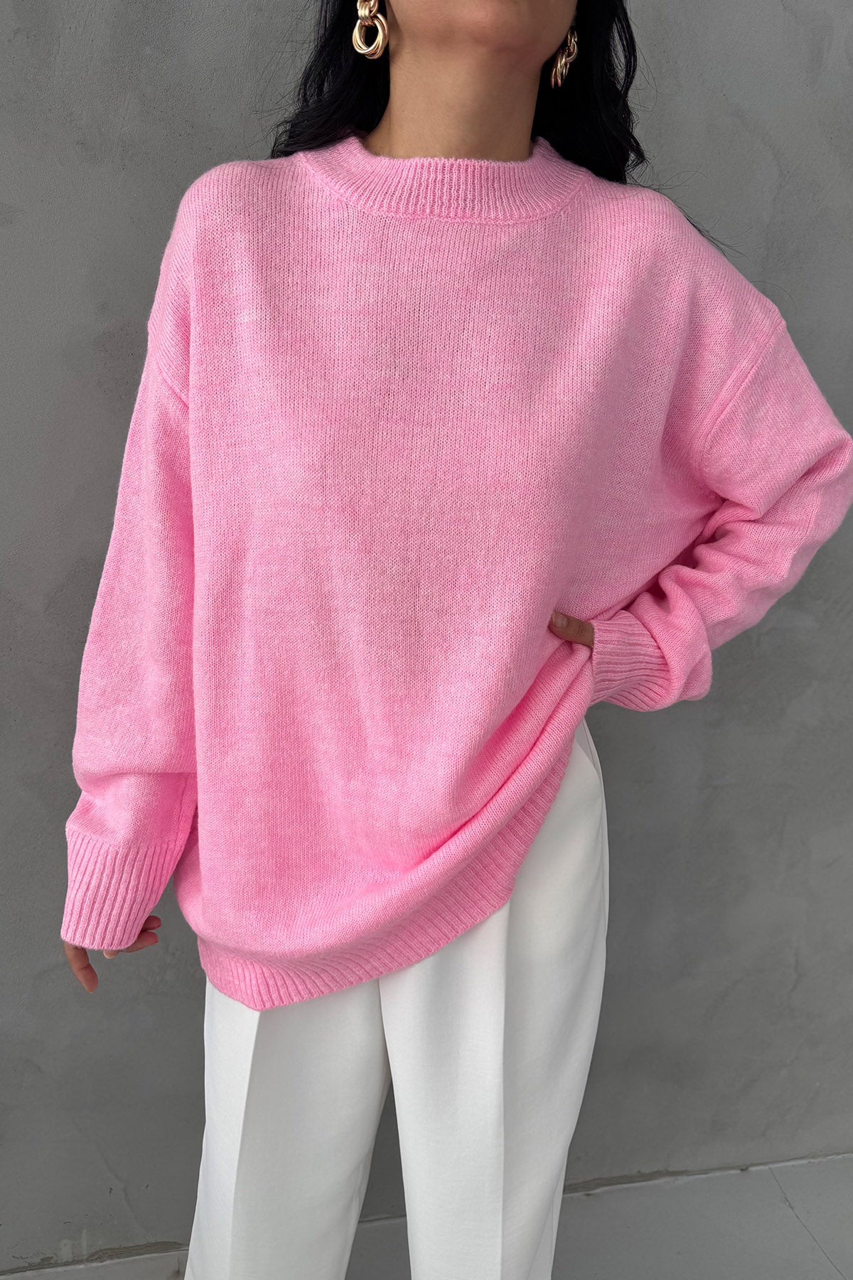 Pembe Bisiklet Yaka Lastikli Pinterest Triko Kazak SY-3368-Pembe