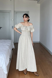 Bej Önü Gipeli Kısa Kol Elbise SY-3005-Bej