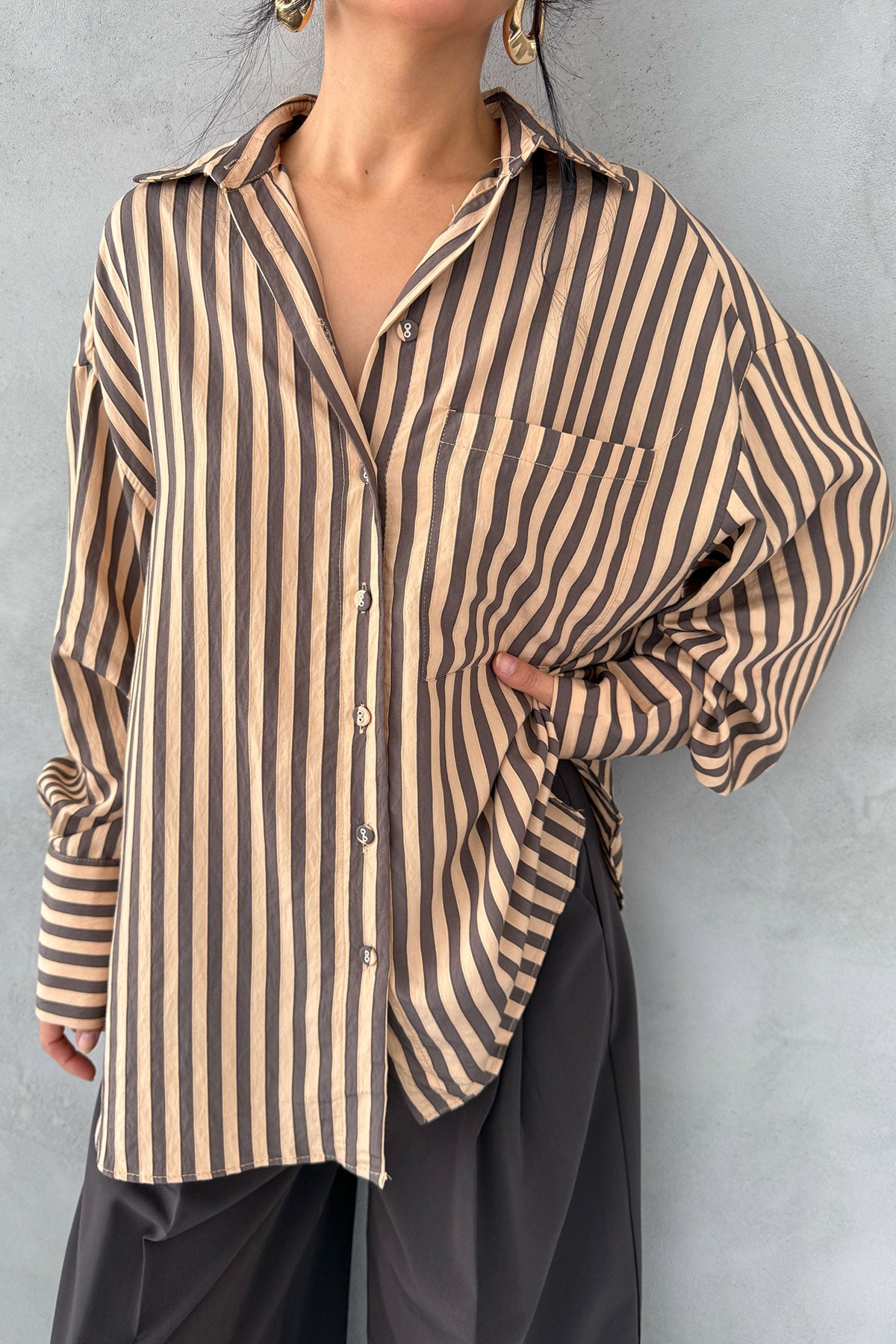 Kahve Çizgili Premium Gömlek SY-3356-Kahve