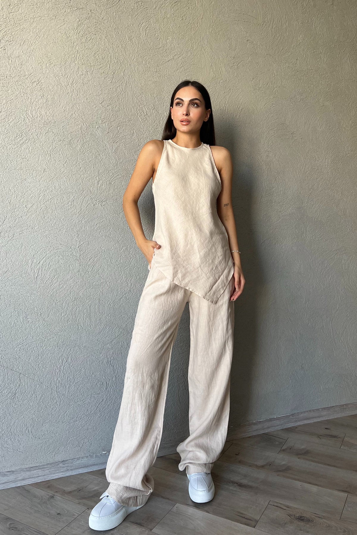 Bej Verev Kesim Bluz Pantolon Takım SY-2356-Bej