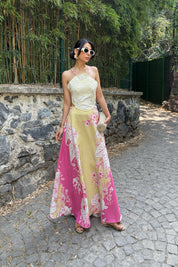 Pembe Renkli Positano Sırt Bağlamalı ve Çiçek Desenli Keten Elbise SY-2320-Pembe