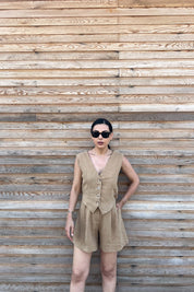 Vizon Sırt Detaylı Yelek Şort Keten Takım SY-2186-Vizon