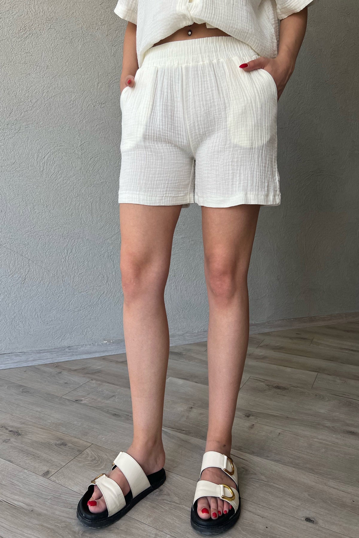 Ekru Kısa Kol Gömlek Şort Müslin Takım SY-2118-Ekru