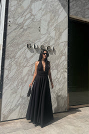 Siyah Puglia Tasarım Sırt Detaylı Keten Elbise SY-2263-Siyah