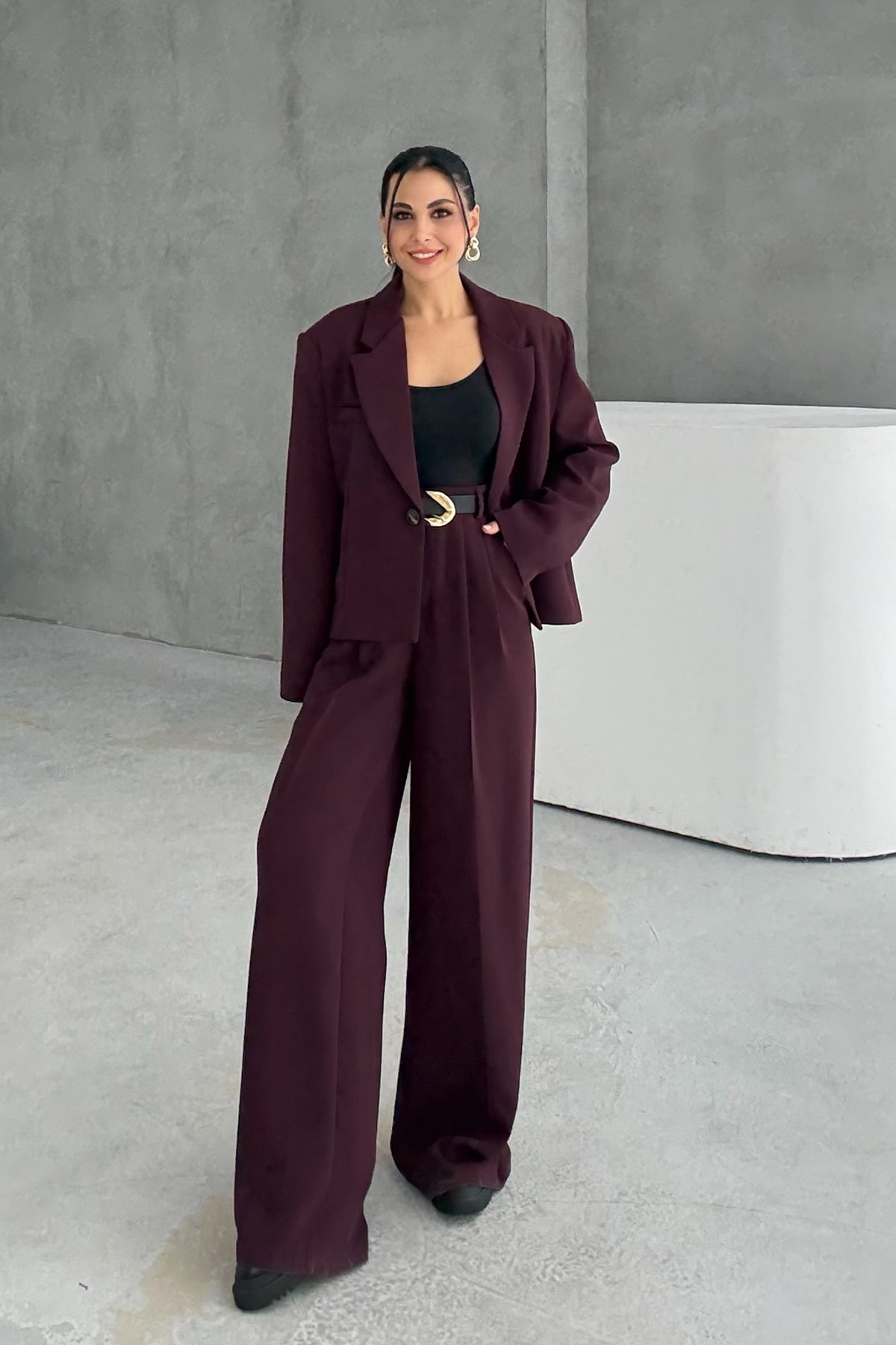 Mürdüm Oversize Tek Düğmeli Ceket Pantolon Takım SY-3389-Mürdüm