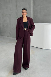 Mürdüm Oversize Tek Düğmeli Ceket Pantolon Takım SY-3389-Mürdüm