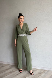 Haki Kemeri Desenli  Kruvaze Yaka Tulum SY-0454-Haki