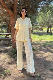 Sarı Dantelli Gömlek Pantolon Takım SY-3145-Sarı