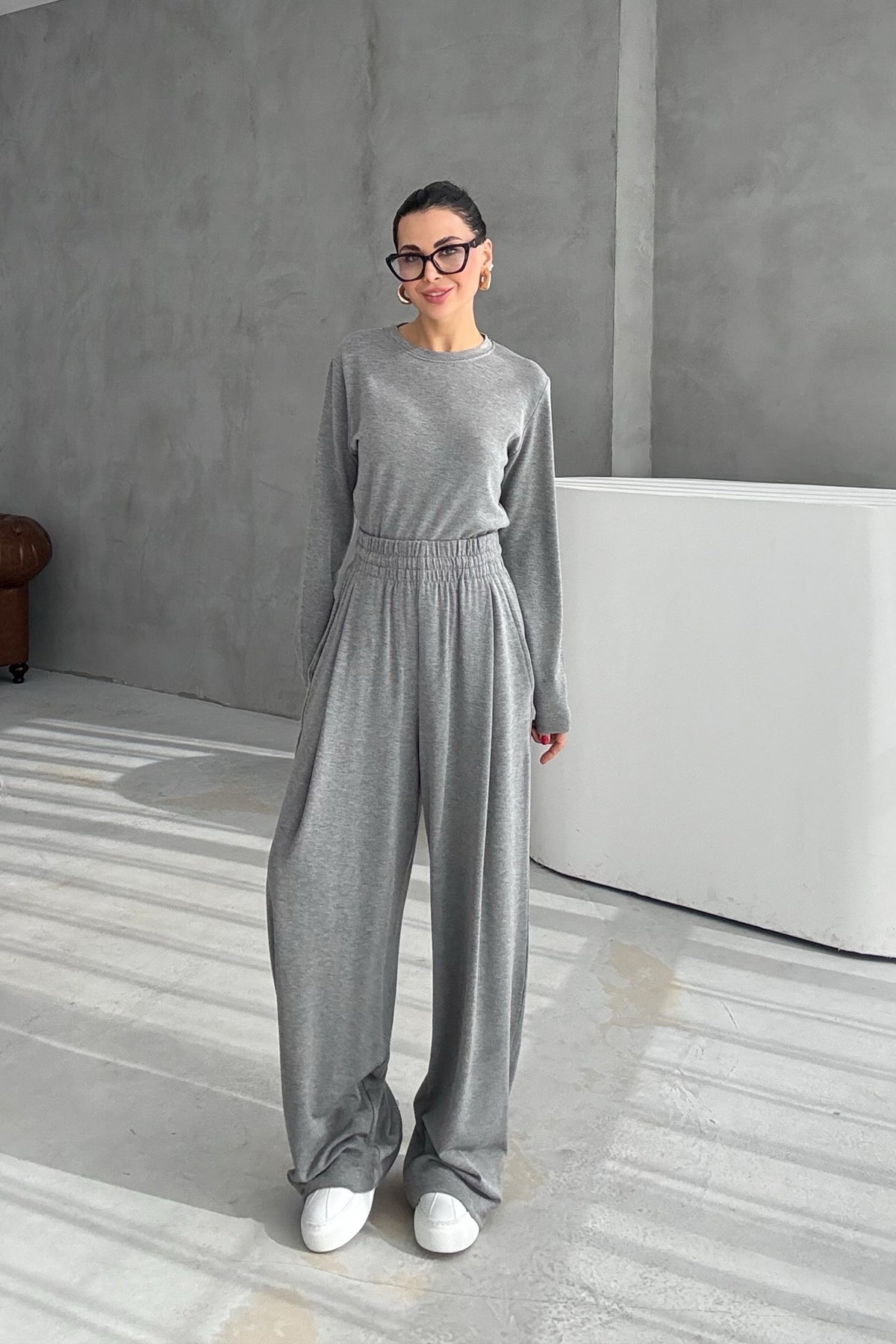 Gri Rahat Kesim Pile Detaylı Eşofman Alt Ve üst Takım SY-3435-Gri