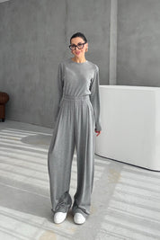 Gri Rahat Kesim Pile Detaylı Eşofman Alt Ve üst Takım SY-3435-Gri