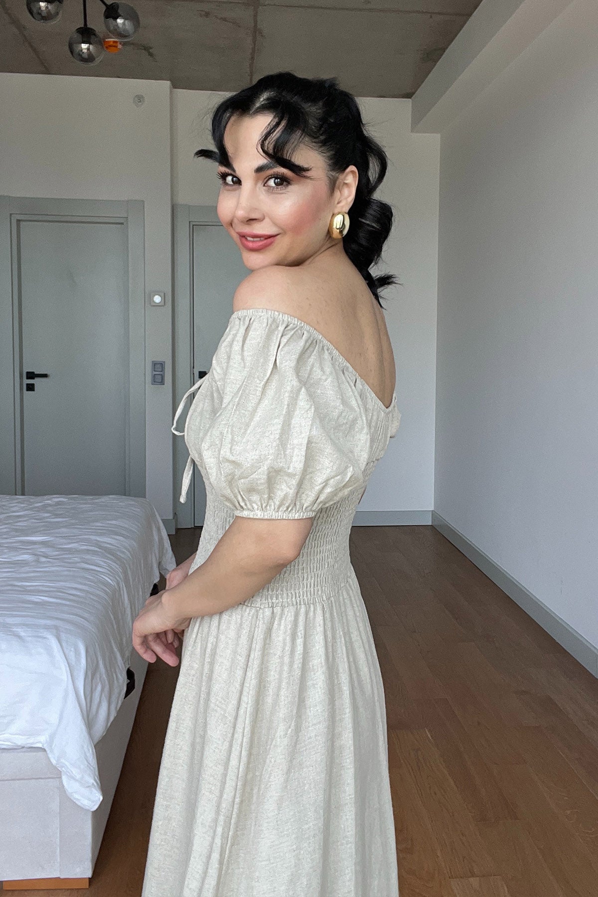 Bej Önü Gipeli Kısa Kol Elbise SY-3005-Bej