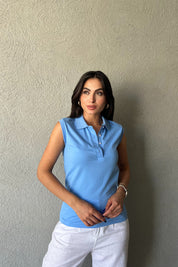 Mavi Polo Yaka Sıfır Kol Basic Atlet SY-2170-Mavi