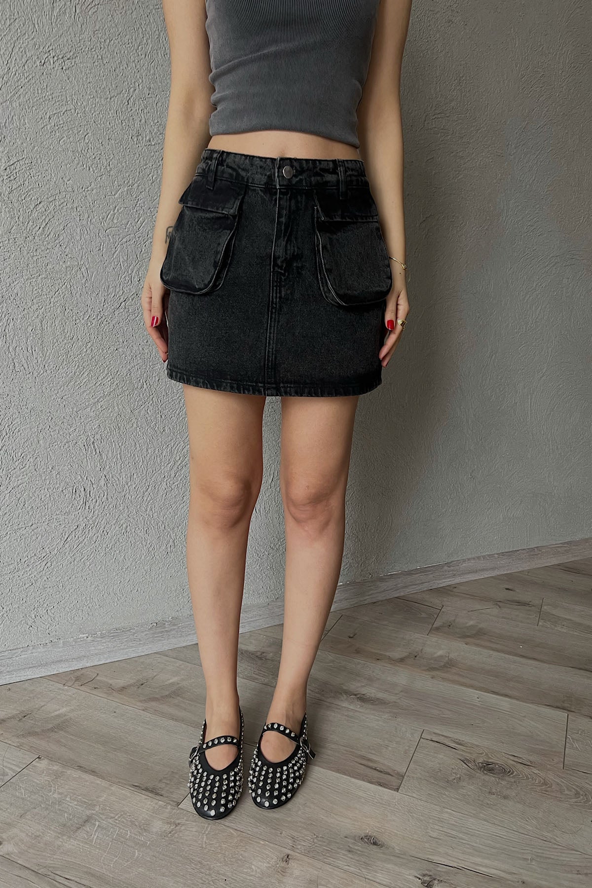 Siyah Kargo Cep Detaylı Kısa Denim Etek SY-1767-Siyah