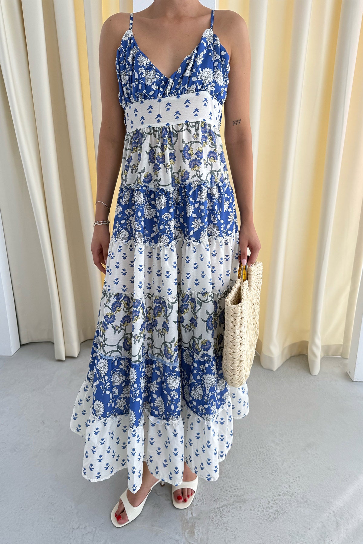 Mavi Desenli Gipeli Midi Boy Elbise SY-3305-Mavi