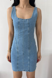 Açık Mavi Askılı Mini Denim Elbise SY-0561-Açık Mavi