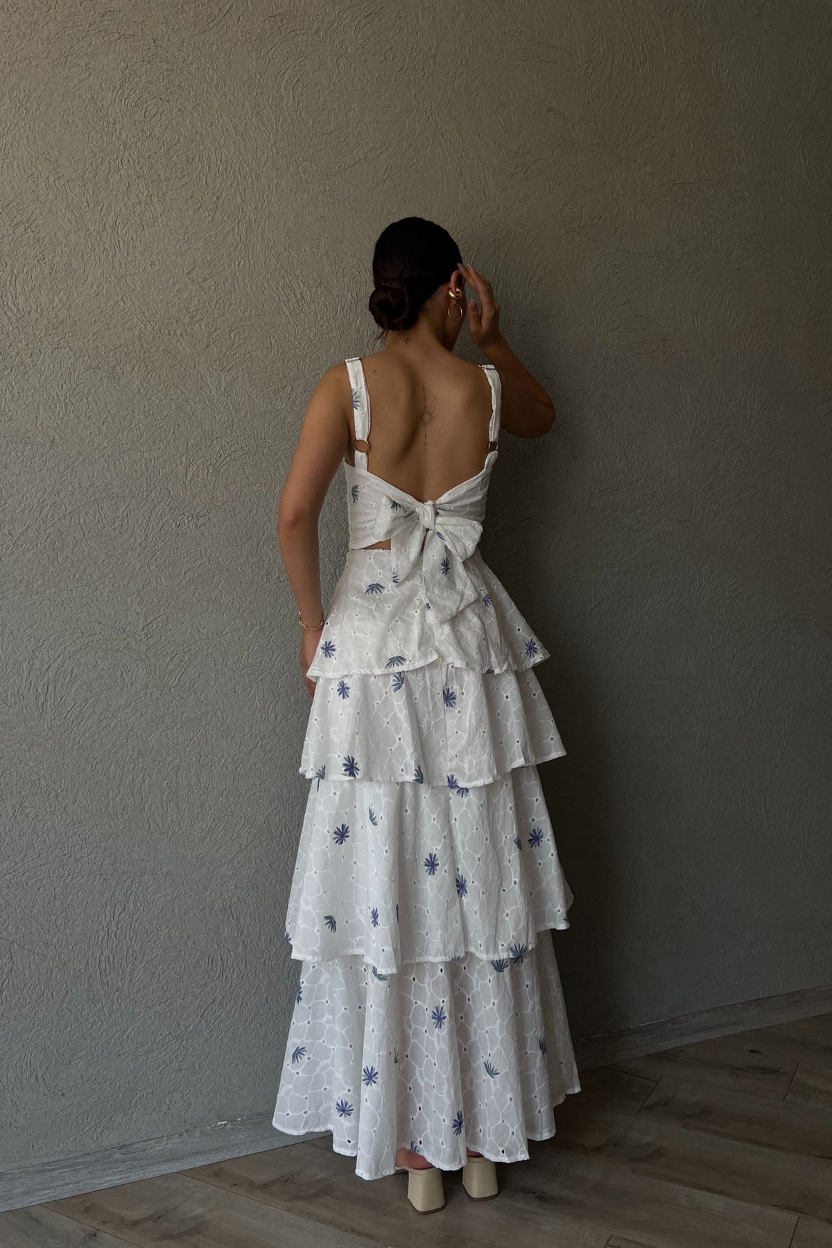 Yeşil Mor Çiçekli Arkası Bağlama Detaylı Kat Kat Elbise SY-2038-Yeşil-Mor