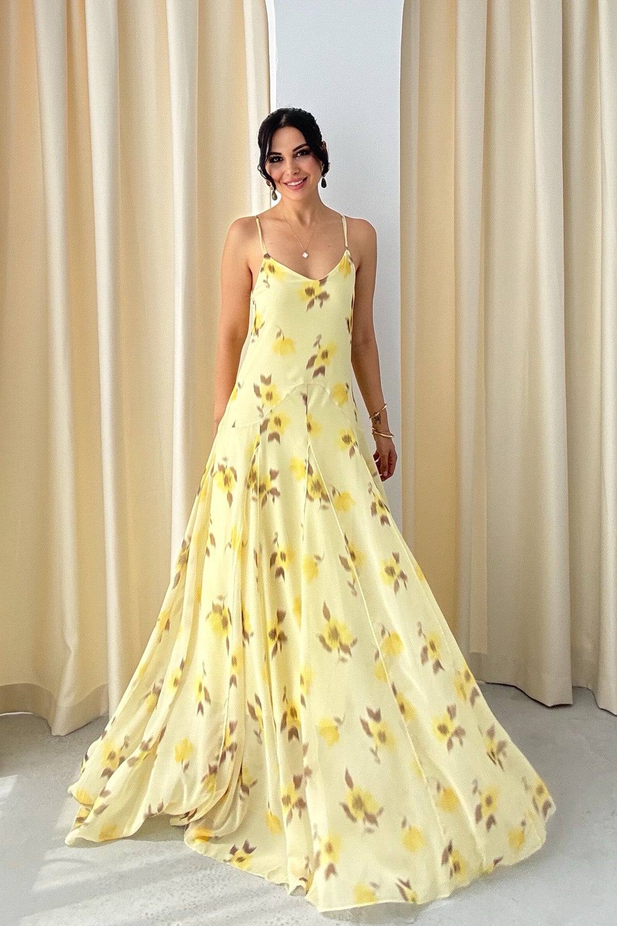 Sarı Çiçekli Askı Detaylı Tayna Elbise SY-3281-Sarı