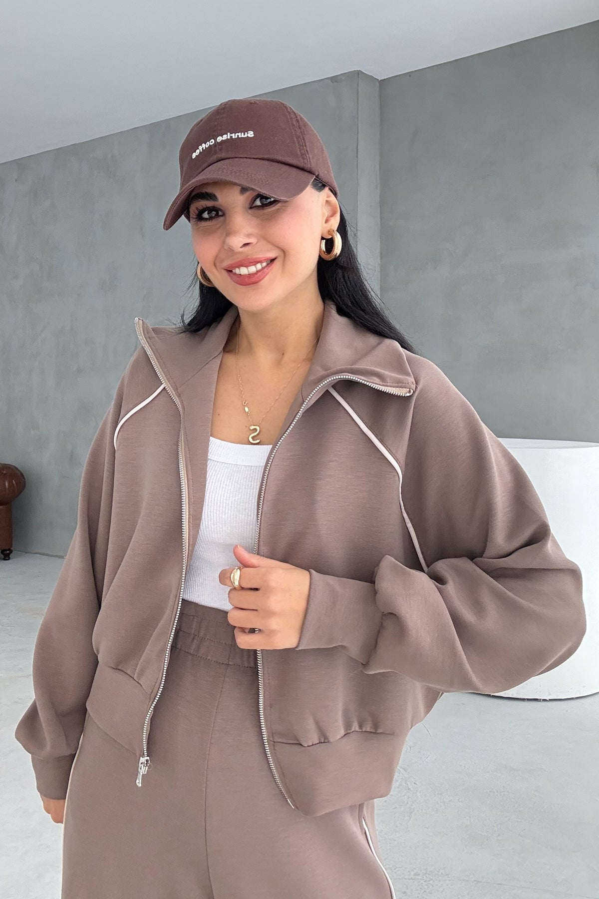 Bol Paça Fermuarlı Modal Eşofman Takım- Vizon SY-3422-Vizon