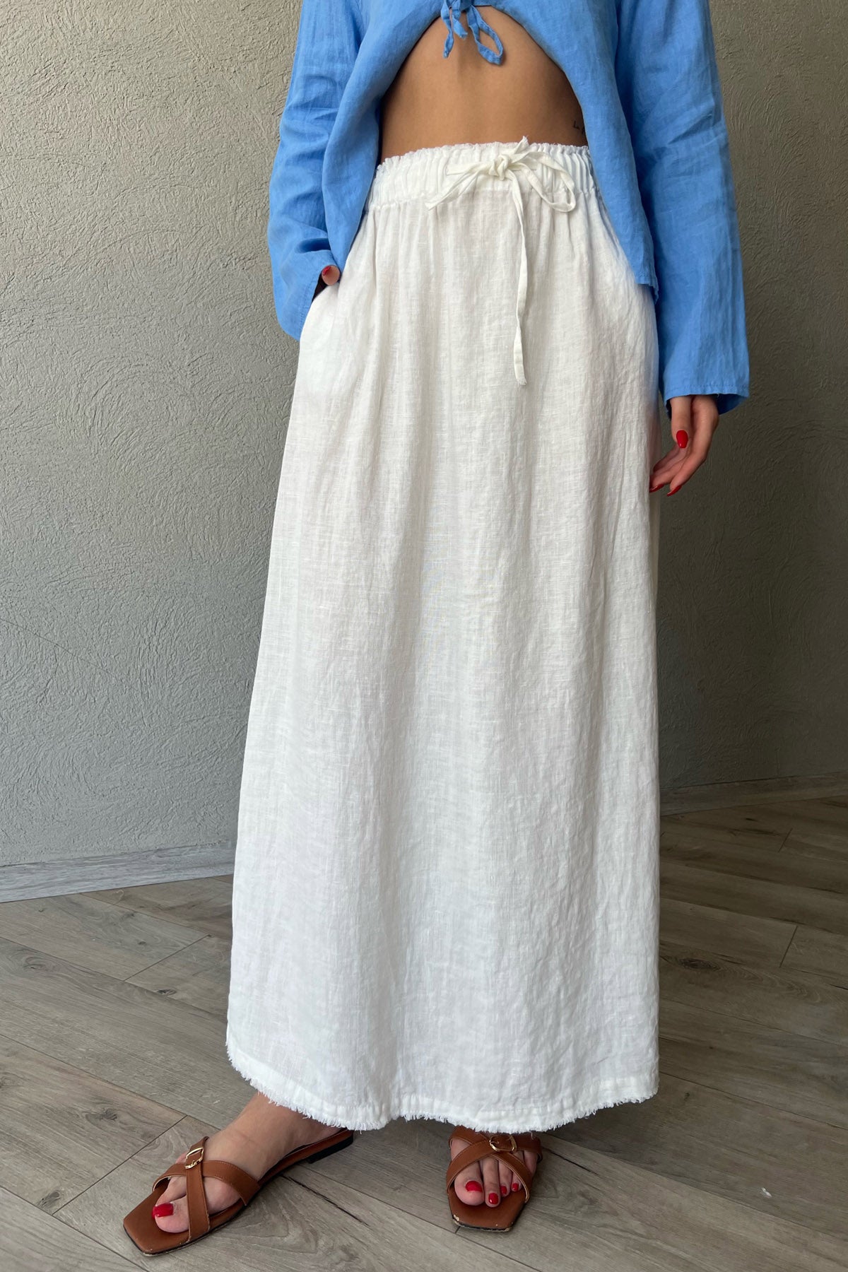 Ekru Beli Bağlama Detaylı Uzun Keten Etek SY-2154-Ekru