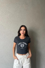 Antrasit Baskı Detaylı Yıkamalı Crop SY-1872-Antrasit