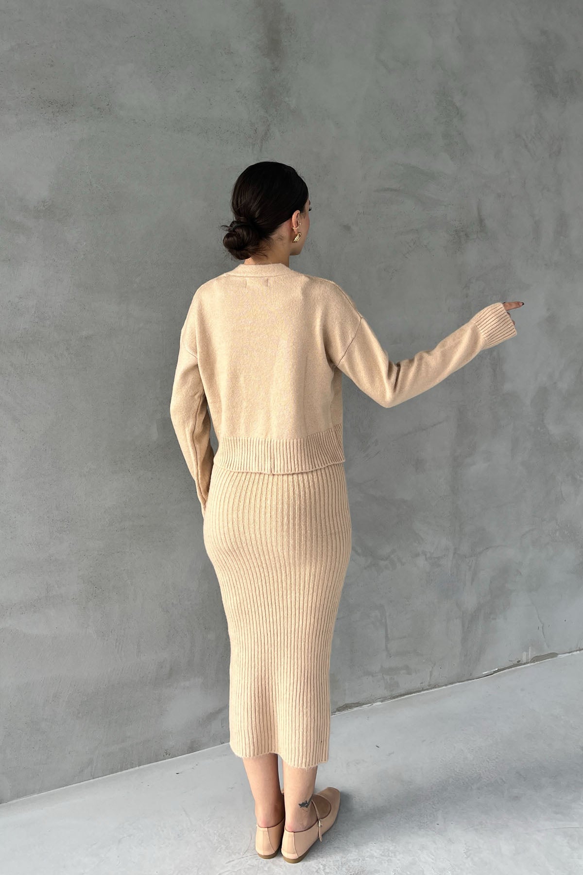 Bej Gül Detaylı Hırka Elbise İkili Takım SY-2448-Bej