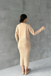 Bej Gül Detaylı Hırka Elbise İkili Takım SY-2448-Bej